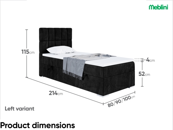 MEBLINI Boxspringbett LUKAS 100x200 cm mit Bettkasten - H3/Schwarz Samt Gepolstert Einzelbett mit Topper & Taschenfederkern-Matratze - 100x200 Links Bild 7