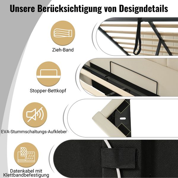 Polsterbett 160x200 cm Beige mit LED Beleuchtung und USB C Ladestation Hydraulik Stauraum Doppelbett Bild 6