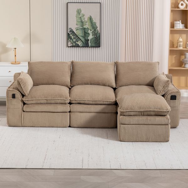 3-Sitzer Sofa 263 x 167 x 85 cm mit Hocker – modulares Cordsofa in Khaki mit Seitentaschen & Kissen
