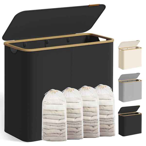 SONGMICS Wäschekorb mit Deckel, Wäschesammler mit 4 Fächern, 200 L, herausnehmbarer Wäschesack, Oxford-Gewebe, Griffe aus Bambus, zusammenklappbar, 78 x 38,5 x 70,5 cm, tintenschwarz
