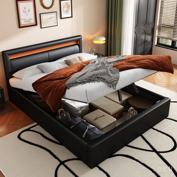 Polsterbett 140x190 cm mit LED und Bettkasten, ohne Matratze, schwarzes PU-Leder