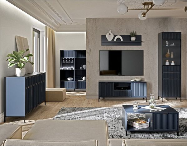 Lomadox Wohnwand LAURO-161, (6-St, Sideboard Vitrine Wandregal Lowboard Highboard Couchtisch), Wohnzimmer Set Indigo blau modern mit Rillenoptik und Beleuchtung