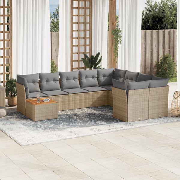 vidaXL 10-tlg. Garten-Sofagarnitur mit Kissen Beige Poly Rattan 3256157