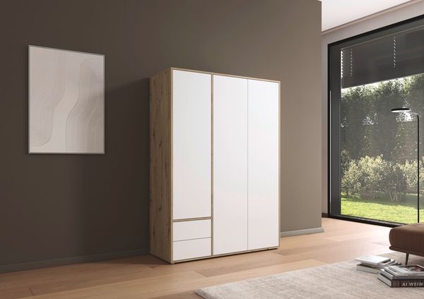 rauch Kleiderschrank Nabila, Drehtürenschrank, Garderobenschrank, 3-türig, 2 Schubkästen, mit 1 Kleiderstange und 3 Einlegeböden, Farbe Weiß/Eiche Artisan, Holz, mit Push-to-Open Funktion, 140x194x53cm
