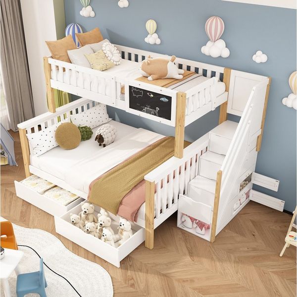 BlingBin Etagenbett Doppelbett, Multifunktionales Kinderbett mit Tafel und Schubladen (1er Set, 1-St, 90*200 & 140*200CM, Ohne Matratze, Tragfähigkeit: 120KG), Etagenbett, Schubladen zur Aufbewahrung, Weiß & Helle Eiche