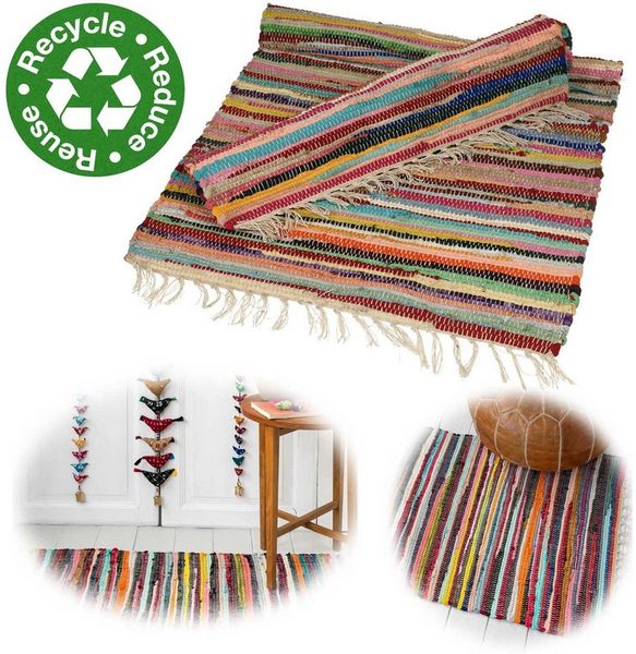 LS-LebenStil Teppich Fleckerlteppich Dehli 90x60 cm Recycelt Baumwolle Boho Flickenteppich, rechteckig, Läufer Fransen Vorleger für Wohnzimmer Flur Kinderzimmer Badezimmer