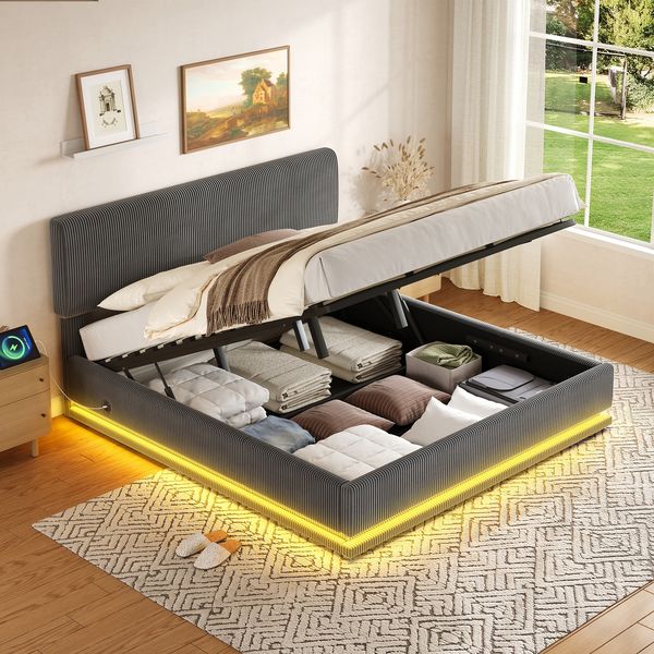 Polsterbett, Cord mit LED & USB-Anschluss, Stauraum & Lattenrost, 180x200 cm, Dunkelgrau, ohne Matratze