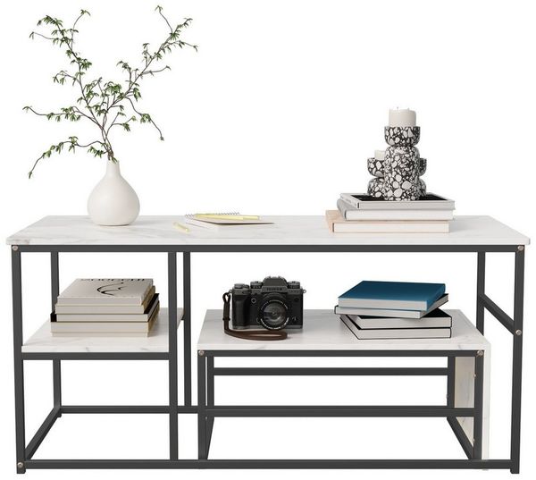 Gdood Couchtisch Rechteck Satztisch Beistelltisch stapelbarer Sofatisch (2-St, Ideal für Wohnzimmer & Büro, Platzsparendes stapelbares Design), Mit Marmormuster Tischplatte, 105 x 52 x 48.5 cm + 60 x 45 x 28 cm