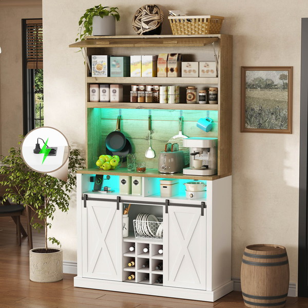 Merax 191 cm Küchenschrank, Hochschrank mit LED, Steckdose, Klapptür, Haken, Weinregal und Vitrine für Küche & Esszimmer, Natur + Weiß
