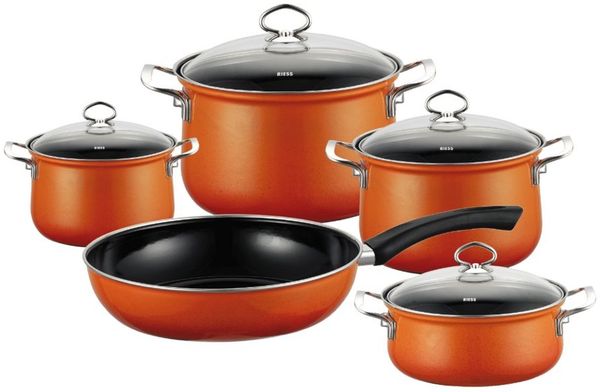 Riess Geschirr/Kochtopf Set 5-teilig mit Glasdeckel Emaille Nouvelle Corall