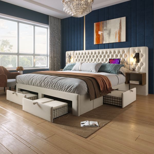 Bettanlage Schlafzimmer Komplett Set, Polsterbett Doppelbett 180×200 cm mit 2 Nachttischen und 4 Schubladen, Kopfteil Leselicht mit USB Ladefunktion, Beige, Samt (Ohne Matratze)