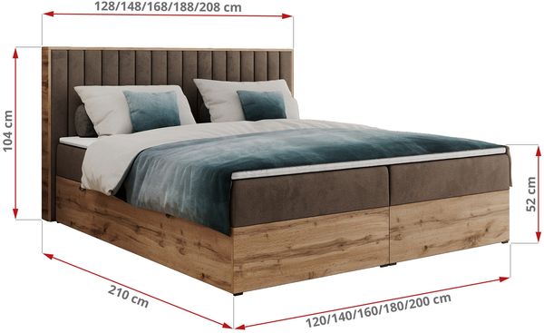 Boxspringbett mit dekorativem Kopfteil und zwei Bettkästen, Eiche Holzrahmen - ALBERO 4 - 180x200 cm - Braun Velours - H3 Bild 6