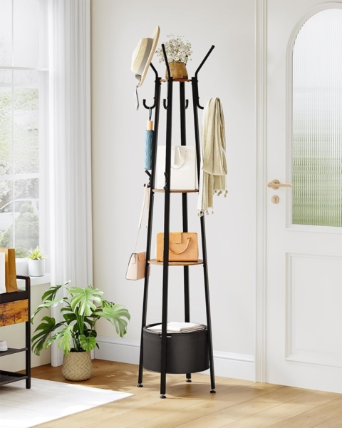 Garderobenständer, Kleiderständer mit Großer Aufbewahrungskorb, Garderobe mit 3 Ablagen, 16 Haken, für Eingangsbereich, Schlafzimmer, 182,5 cm Hoch, Braun und Schwarz