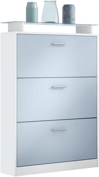 Vladon Schuhschrank Lavia, Schuhkipper für 24 Paar Schuhe mit 3 Klappen und Glasablage, Weiß matt/Denim matt (89 x 128 x 23 cm)