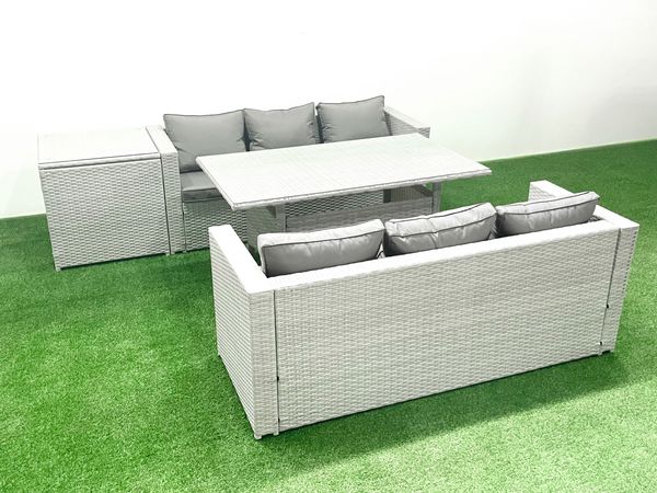 Fimous Rattan Gartenmöbel-Set 6 Sitzer mit Esstisch Beistelltisch Hellgrau gemischt