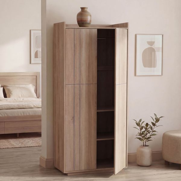 Schrank HWC-P44, Kleiderschrank Garderobenschrank 2 Türen Push-to-open, MDF 184x80x40cm ~ Sonoma-Eiche-Optik