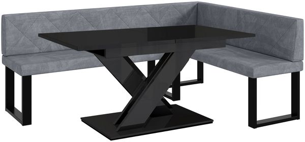MEBLINI Eckbank für Esszimmer mit ausziehbarem Tisch - Küchenbank - Essecke - Sitzecke Küche - ERIC - U-Beine 142x196x87cm Rechts - Grau Samt/B Schwarz Hochgl.