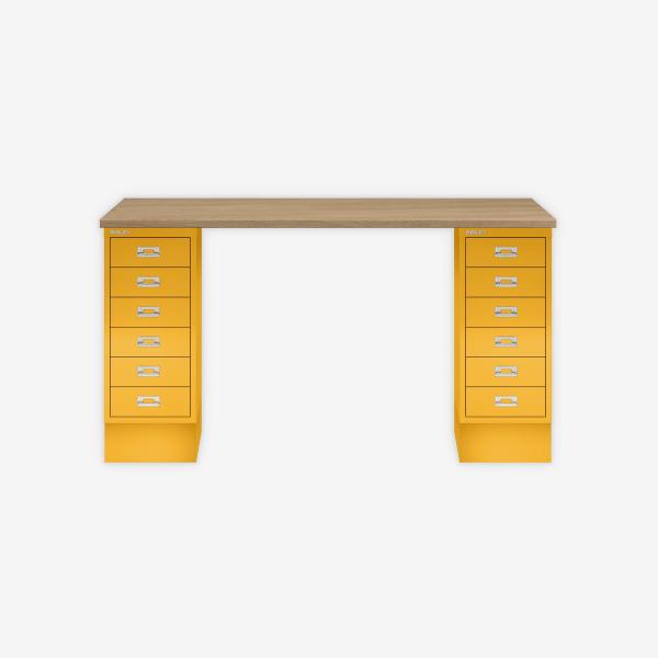 MultiDesk, 2 MultiDrawer mit 6 Schüben, Dekor natürliche Eiche, Farbe Sunflower, Maße: H 740 x B 1400 x T 600 mm