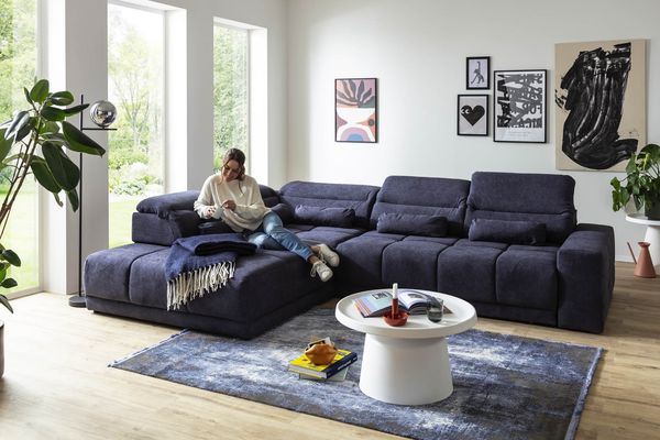 Polstergarnitur >Donaugh< 5 verstellbare Kopfteile, in blau-schwarz - 323x76x231 (BxHxT)