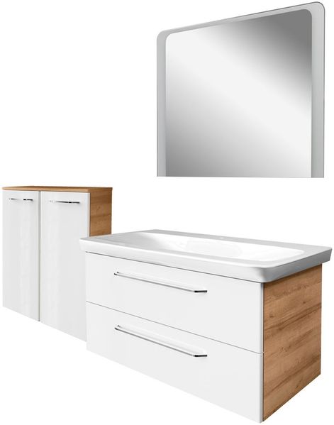 FACKELMANN MILANO Badmöbel Set 4-teilig 107 cm breit, Weiß/Braun hell, Waschbecken Keramik Weiß + LED Spiegel + Doppel Midischrank