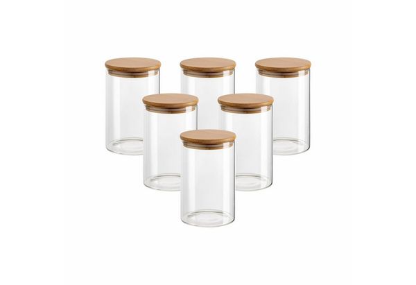 gouveo Vorratsglas aus Borosilikatglas rund mit Bambus-Deckel - Aufbewahrungsgläser, (6-tlg, 500 ml)