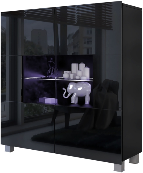 Kommode Calabrini BR01 (Farbe: Schwarz / Schwarz Hochglanz, mit blauer LED Beleuchtung)