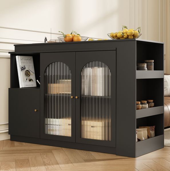 Sideboard Esszimmerschrank Schwarz mit 360°-Drehfunktion, Aufbewahrungsschrank mit Regalen, Schubladen und Changhong-Glas Türen, 97cmx120cmx40cm