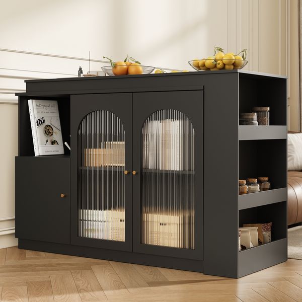 Sideboard Esszimmerschrank Schwarz mit 360°-Drehfunktion, Aufbewahrungsschrank mit Regalen, Schubladen und Changhong-Glas Türen, 97cmx120cmx40cm