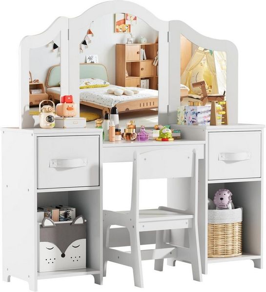 TLGREEN Schminktisch Kinderschminktisch 2 in 1,mit Abnehmbarem Spiegel (108x30x114 cm), Schminktisch Mädchen,Schreibtisch mit Hocker