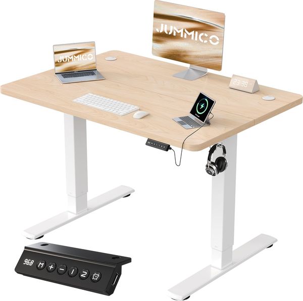 JUMMICO Schreibtisch elektrisch höhenverstellbar mit USB-Ladeanschluss, Beige, 80x60 cm