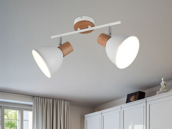 Deckenstrahler DELUME 2-flammig aus Metall in Weiß & Holzoptik, Breite 49cm
