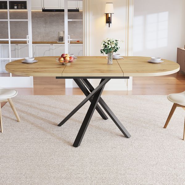 Merax Ausziehsbarer Esstisch 100-140cm, Rund-Oval Tisch, Stabil X-Metallgestell, Verstellbare Füße, Holz-Optik