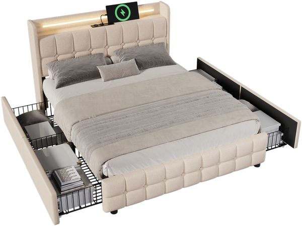 Polsterbett 160x200 cm mit USB-Ladefunktion im Kopfteil, LED-Beleuchtung und 4 Schubladen, inkl. Lattenrost, Beige
