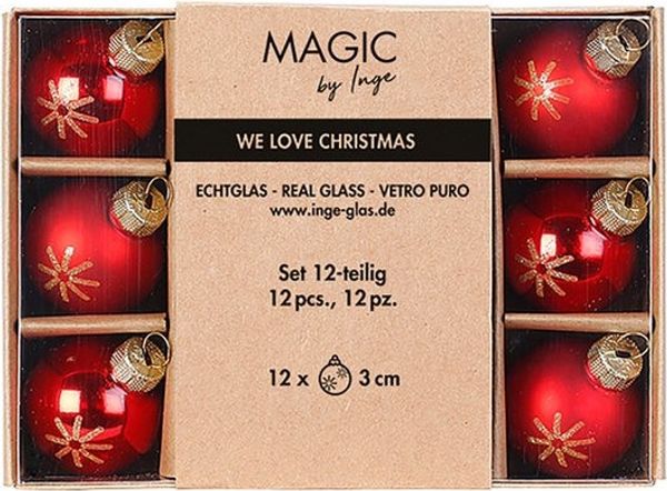 MAGIC by Inge Weihnachtsbaumkugel, Weihnachtskugeln Glas 3cm Schneeflocken Motiv 12er Set Merry Red