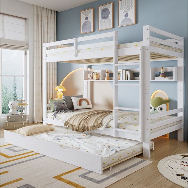 Flieks Etagenbett, Kinderbett Dreierbett 90x200cm mit Ausziehbett 90x190cm und 2M Regal