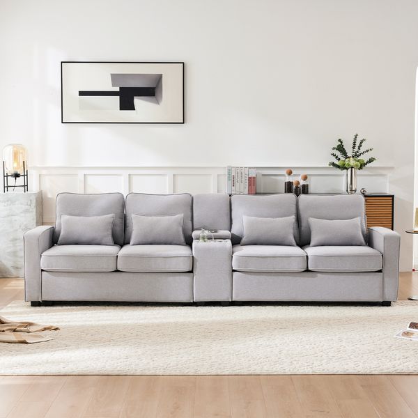 Sofa Sitzfläche 290x83x88 cm, 4‑Sitzer Leinenstoff mit USB, Getränkehaltern und Stauraum, grau