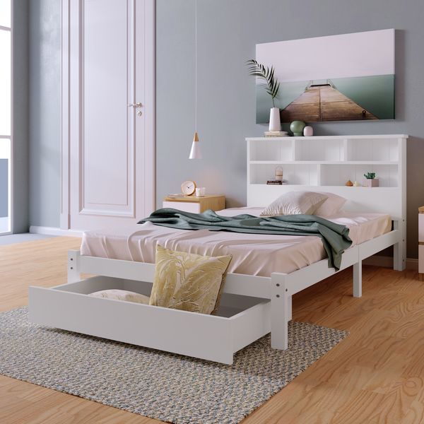 Massivholz Einzelbett 90x200 cm mit Schubladen, Bücherregal-Kopfteil und Lattenrost, für Jugendliche und Erwachsene, Weiß