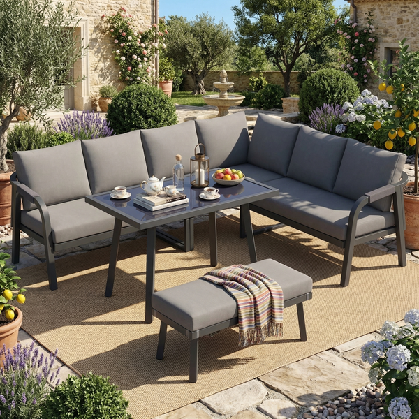 Garten-Essgruppe, Gartenmöbel-Set, Bietet Platz für bis zu 8 Personen,Geflochtene Arm- und Rückenlehnen, verzinkte Stahlrohre, Beinhaltet ein Ecksofa, einen Esstisch und eine Bank; Farbe: Grau