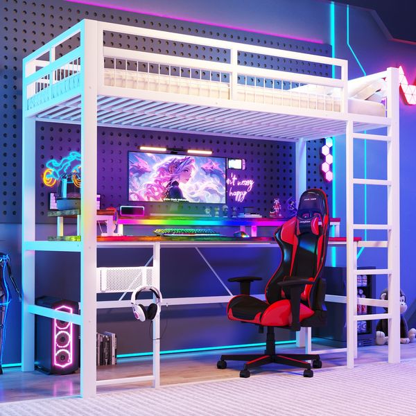 Merax Hochbett, 90 x 200 cm, Kinderbett, Einzelbett, mit farbwechselnder LED-Lichtleiste, mit Schreibtisch, 1 USB-Anschluss + 1 Typ-C-Anschluss und 2 Steckdosen, mit Lochwand, Weiß
