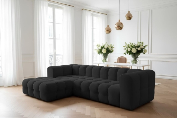Ecksofa Designersofa SOLVIE in Stoff Tiffani Schwarz Ottomane Links