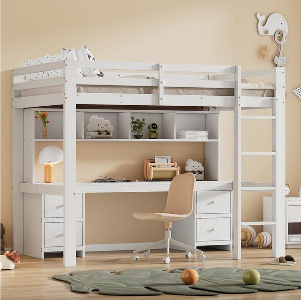 STILVORA Hochbett 90×200 mit matratze und Schreibtisch,Kinderbett mit Stauraum & Treppe (Hohes Geländer, Stabile Treppe 90*200cm) mit Matratze