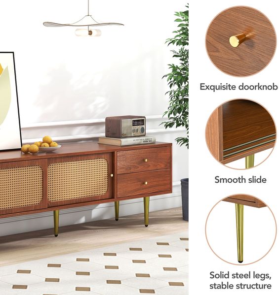 TV-Schrank 160 x 40 x 60 cm aus MDF in Walnuss mit Schiebetüren in Rattan-Optik Bild 8