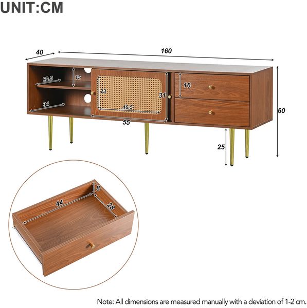 TV-Schrank 160 x 40 x 60 cm aus MDF in Walnuss mit Schiebetüren in Rattan-Optik Bild 4