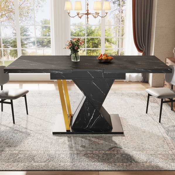 Ausziehbarer Esstisch 110/140x80x76 cm, schwarze Marmoroptik, mit einzigartigem Beindesign