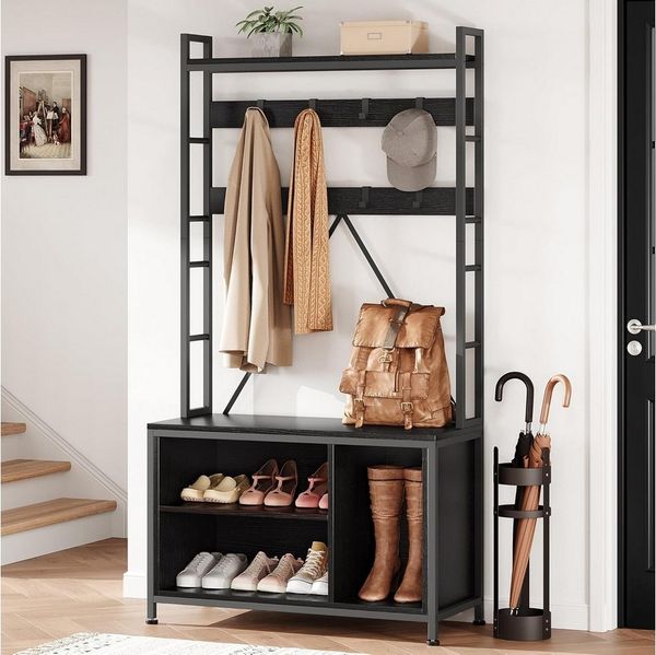 GarveeMore Garderobenständer 5-in-1 mit Schuhbank,3 Etagen Ablage und 8 Haken,178cm, mit Schuhschrank,verstellbare Füße,für Flure,Wohnzimmer,93x35x178cm