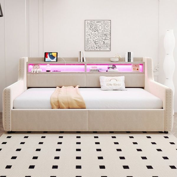 MODFU Schlafsofa Hydraulischer Stauraum, LED-Licht,Ladeanschluss und dicker Rückenlehne, Polsterbett, Inklusive Lattenrost und Ablagefach, Stauraumbett 90x200cm, Inklusive Matratze