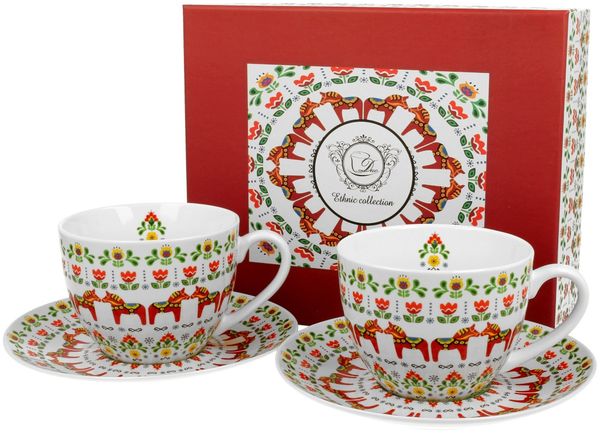 DUO ETNO 2er-Set Tassen 280 ml SCANDINAVIAN mit Untertassen, New Bone China Porzellan