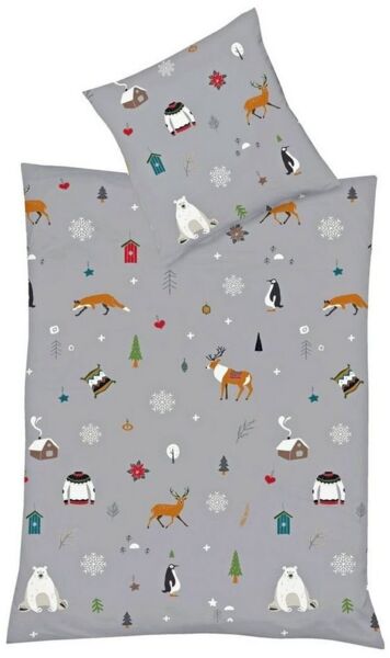 Fleuresse Mako-Satin Bettwäsche 135x200 Fuchs Hirsch Winter Bäume grau 114324-07