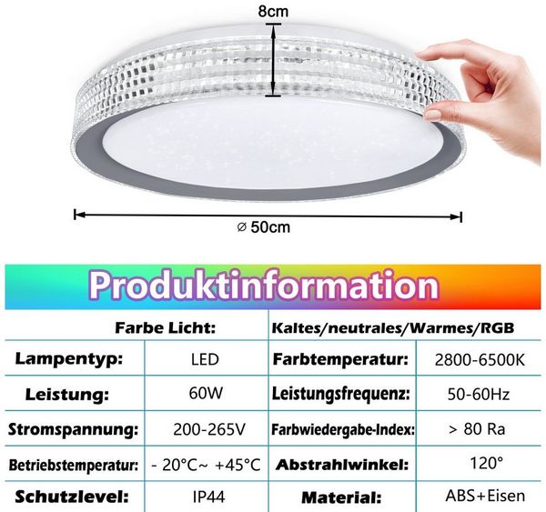 FIVMEN LED Deckenleuchte LED Deckenlampe RGB Farbwechsel Sternenhimmel, Dimmbar LED mit Fernbedienung für Schlafzimmer Küche
