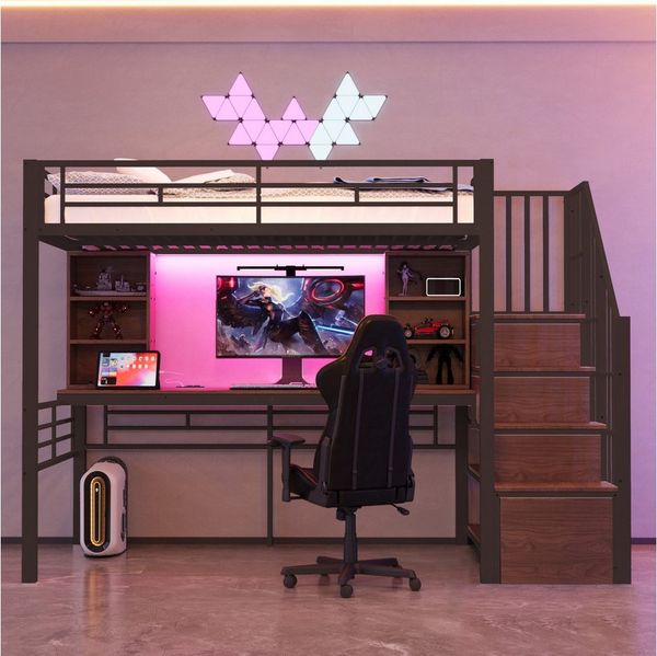 Odikalo Hochbett 90x200 Kinderbett Jugendbett mit Schreibtisch LED & Stauraum (mit Ablage, Schreibtisch, europäischer Steckdose und LED-Beleuchtung, integrierter Stauraumtreppe (links/rechts montierbar), hohem Schutzgitter, Einzelbett, Eisenrahmen)